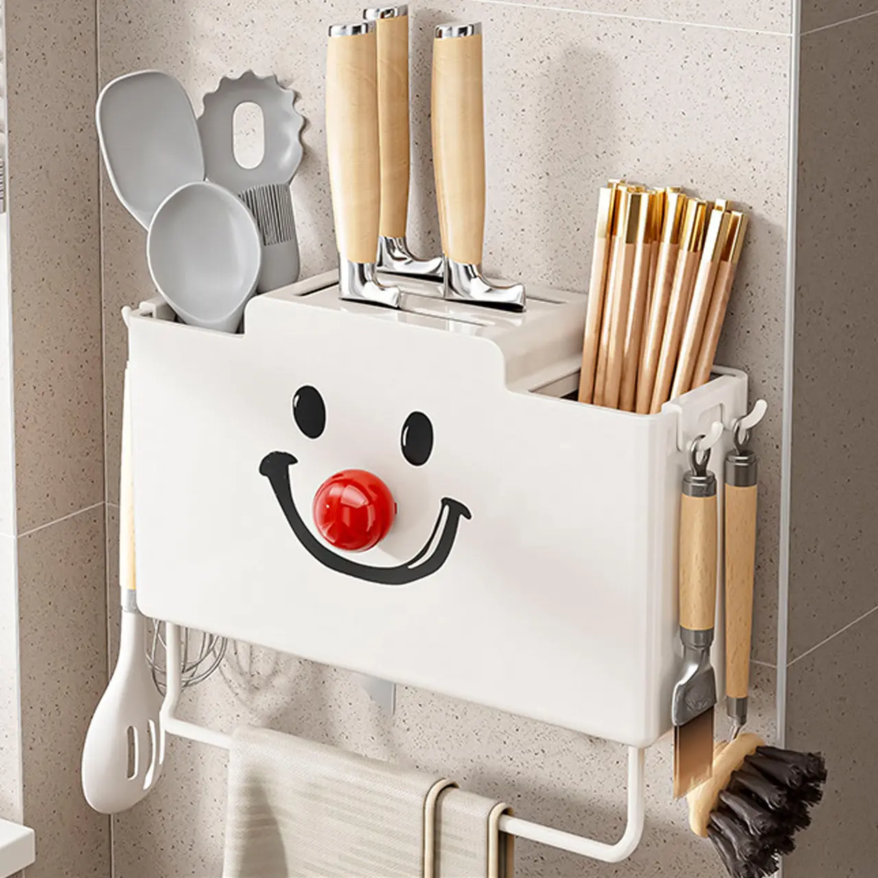Cute Home Kitchen Wall-Mounted Storage Box, Spoon Fork Knife Holder, Utensils, Hanging Drainable Shelf, Bathroom Organizer, Back-To-School Supplies, Kitchenware