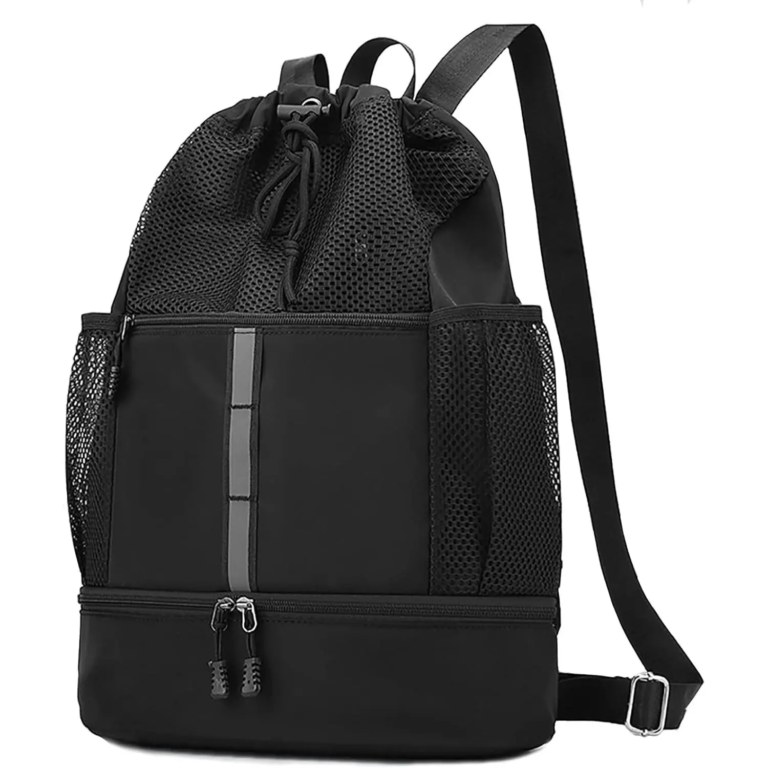 Drawstring Backpack with Mesh Pockets String Gym Bag Sackpack Sandproof Water Resistant Beach Backpack for Men Women