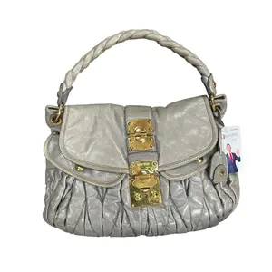 Pre-owned miu miu Leather Shoulder Bags Matelasse Coffer Grey Woven GHW Buckle Shoulder Purse