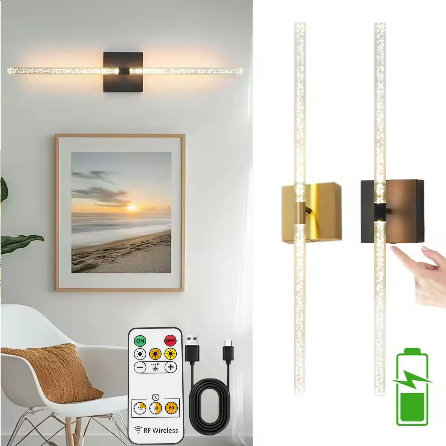 1/2-piece crystal LED dimmable wall sconce, Led wall lamps, USB rechargeable, 4000mAh, magnetic installation with no wiring required, remote-controlled dimming, atmosphere lighting, suitable for dining rooms, bedrooms