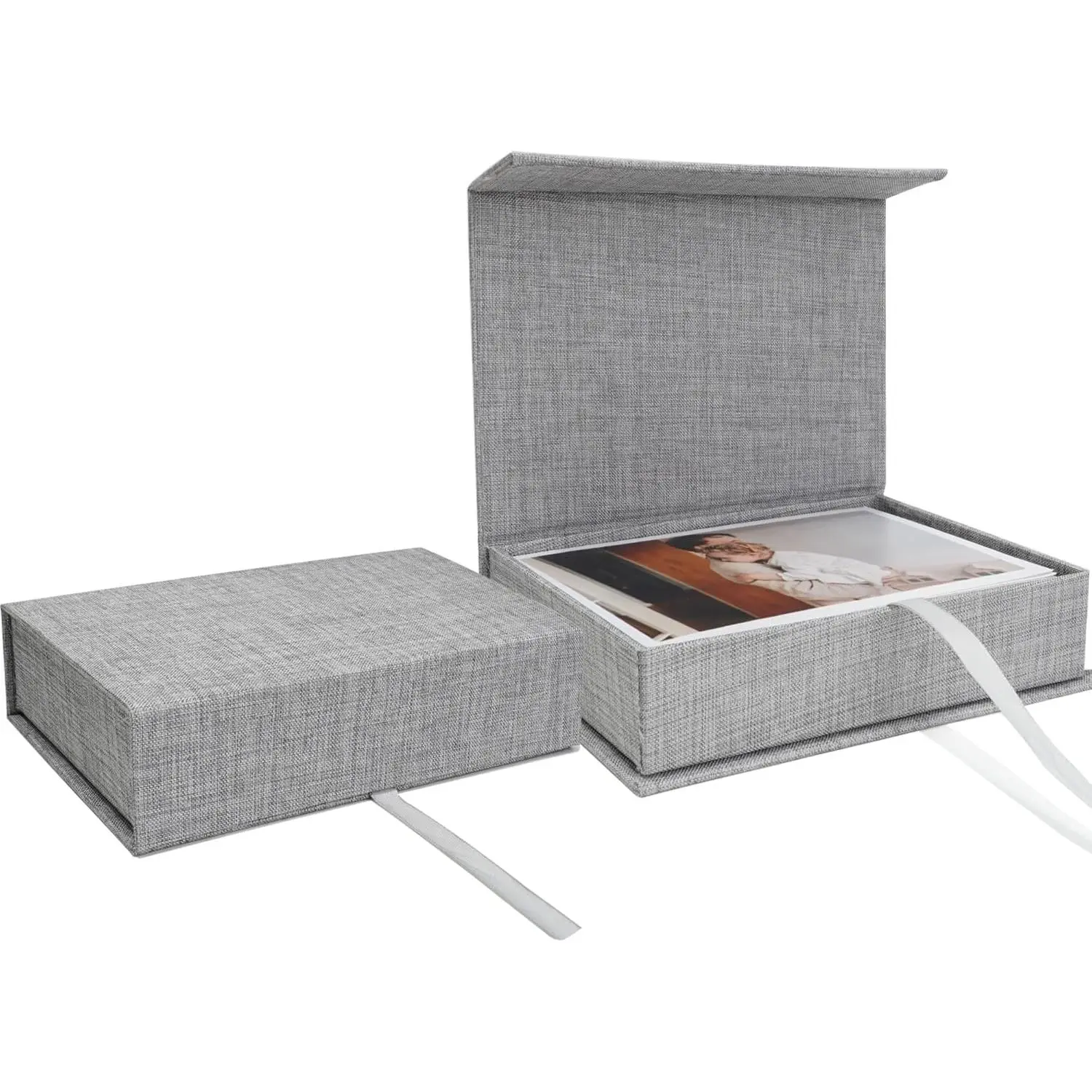 Linen 8" x 10" Photo Cases and Postcard Keeper Storage Container Box 1 count for Photo, Postcard, Decorative Paper, Gray