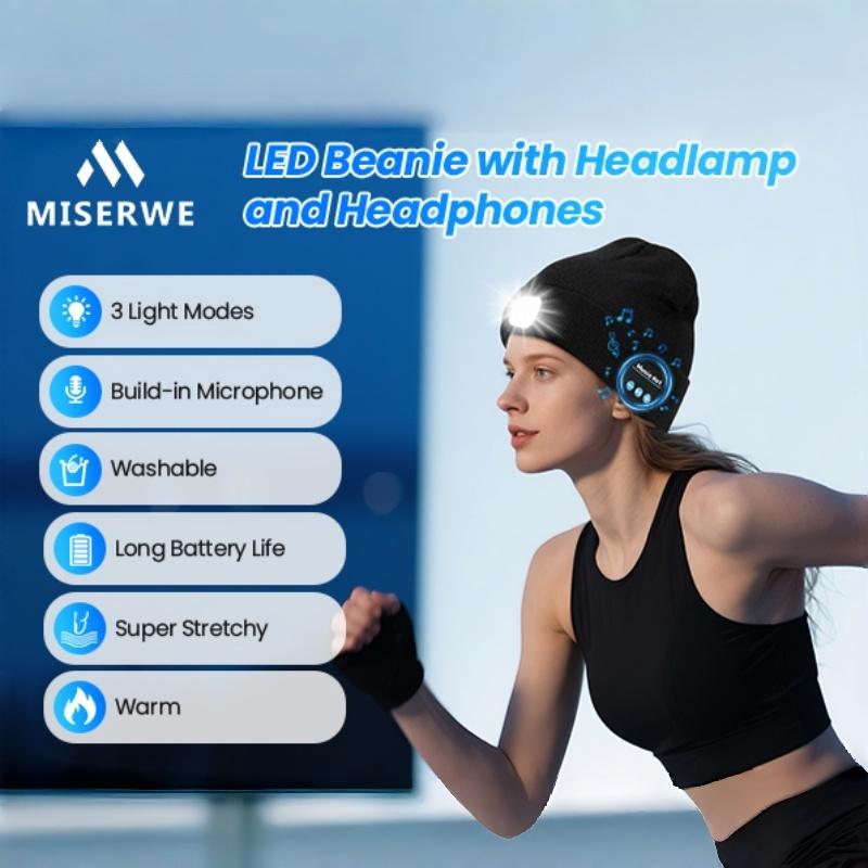 Music and dance style white light borderless cap，LED Beanie with Light, Unisex Rechargeable Flashlight Beanie Hat with Wireless Headphones, Unique Christmas Birthday Gifts for Men Women Black
