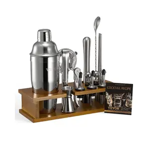 VEVOR Cocktail Shaker Set, 23-Piece Stainless Steel Bar Tools with Bamboo Stand, Martini Bartender Kit Accessories Mixer Spoon, Muddler, Jiggers, Strainer, Liquor Pourers, Ice Tong, Corkscrew