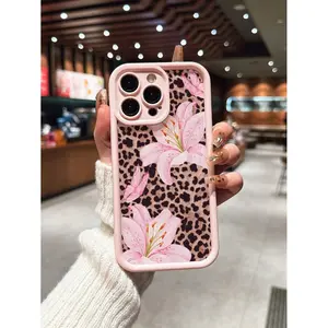 Cute Pink Lily Flower& Leopard Print Matte Anti-Drop Shockproof iPhone cases Case Compatible with For iPhone 17 Pro Max 16 16e 15 14 Plus 13 12 Mini 11 Air X XS Pattern TPU Lens Protection Durable Soft Cover Gift 2D printing