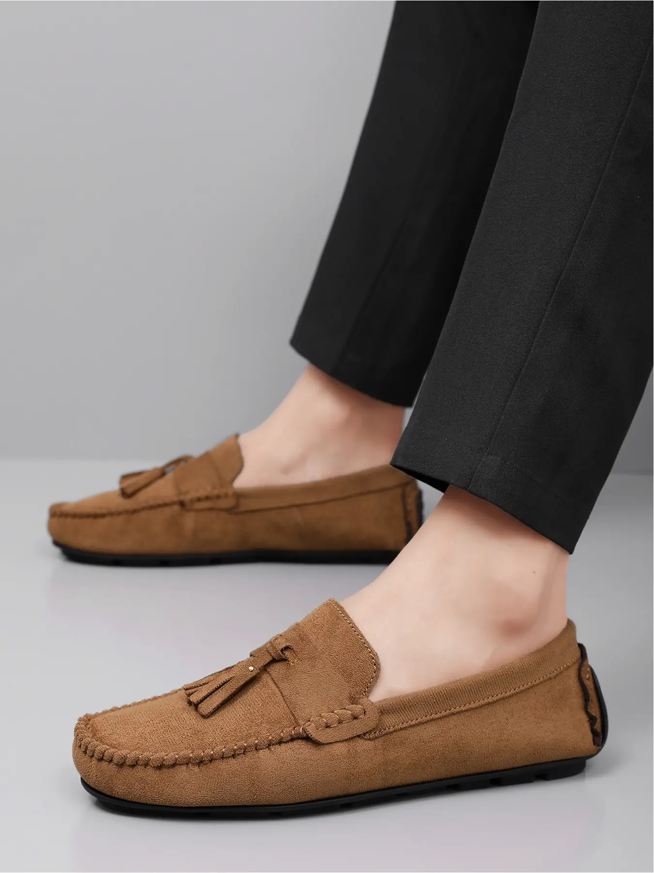 Men's Handmade Suede Tassel Loafers Classic Slip On Rubber Sole Soft Lightweight Casual Driving Shoes Footwear Slipon Flat