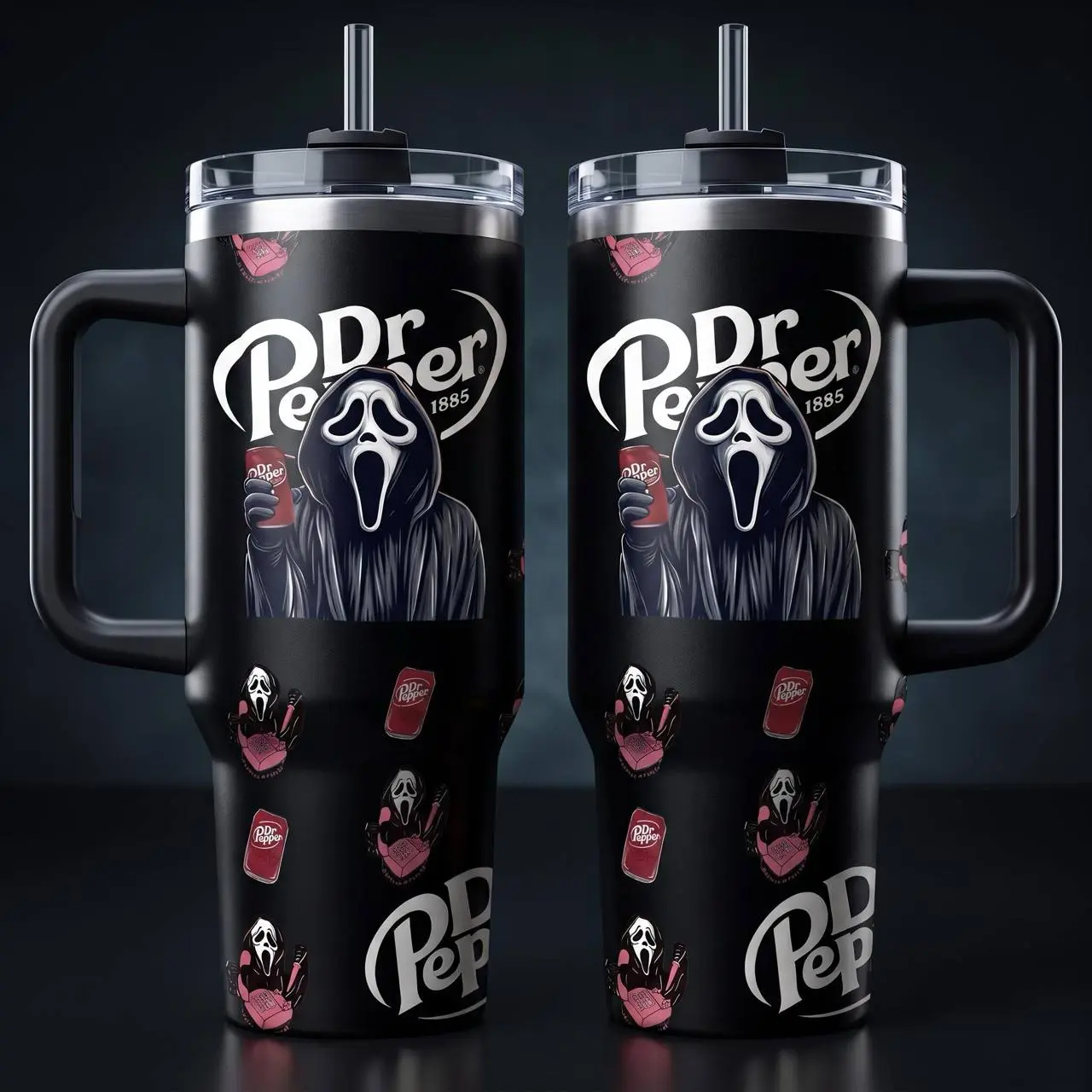 Dr Pepper Scream Ghostface Tumbler 40oz With Handle And Straw, Funny Slasher Horror Movie Mug Halloween Gift, Halloween Scary Horror Ghost Design, Stainless Steel Insulated Soda Lover Travel Cup, Scary Movie Fan Gift