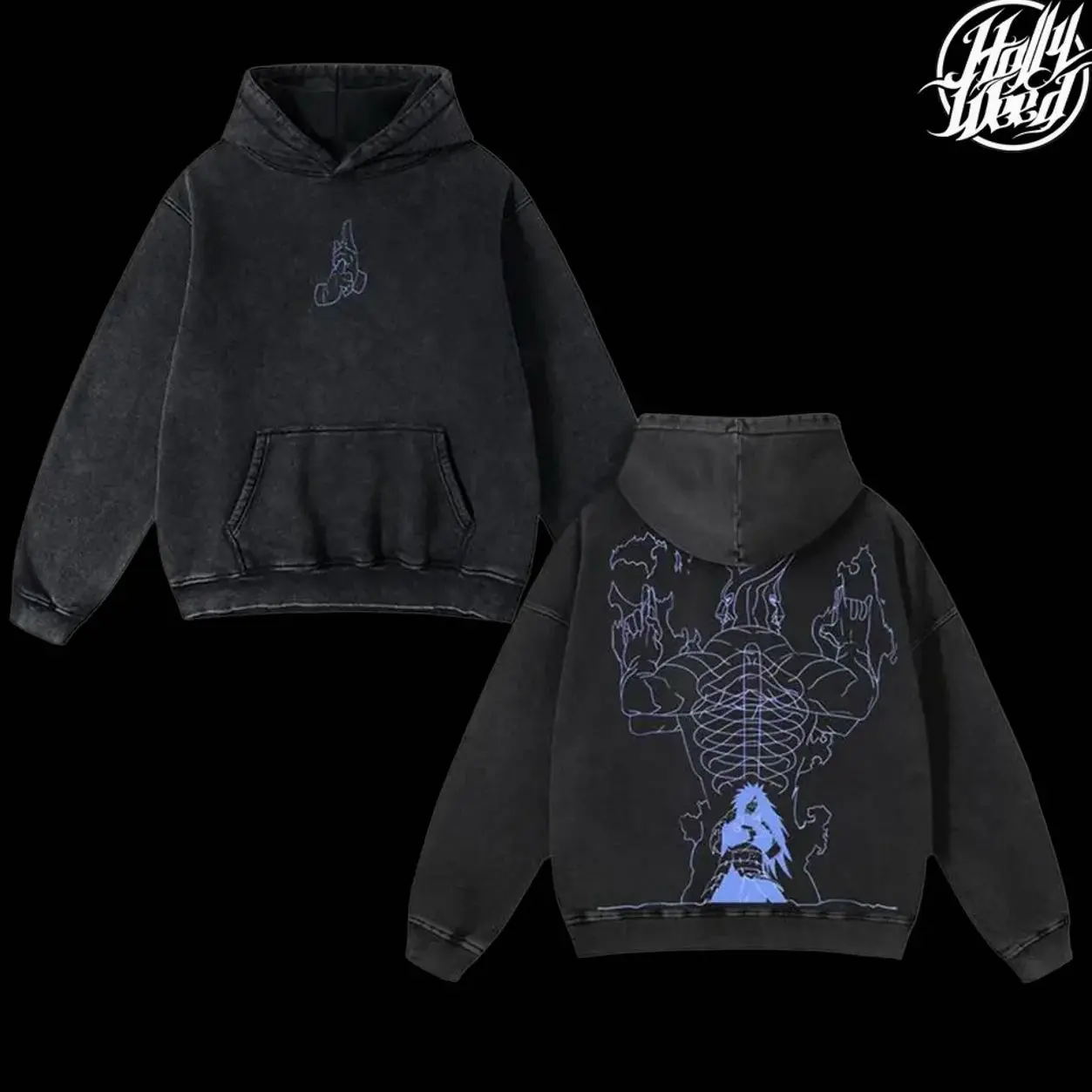 Retro Heavy Limited Uchiha Madara Susanoo - Naruto Anime Double Printed Vintage Washed Hoodie Unisex Oversize Anime Manga Washed Heavyweight Cotton Hoodie S7S