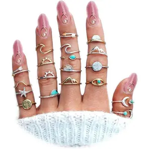 Boho Rings for Women Teen Girls,Gold Stacking Rings Set Vintage Knuckle Stackable Moon Star Snake Butterfly Heart Flower Leaf Top Finger Rings