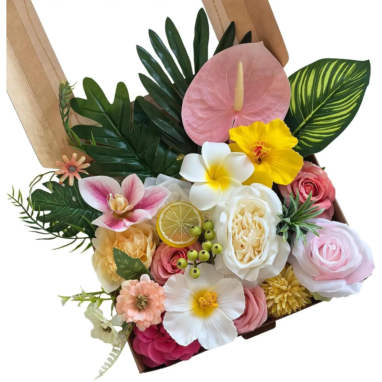 1 Pack Tropical Artificial Flowers, Plastic & Silk DIY Faux Flower Arrangement Box with Bendable Stems for Wedding Bouquets Table Centerpieces Home Party Decor