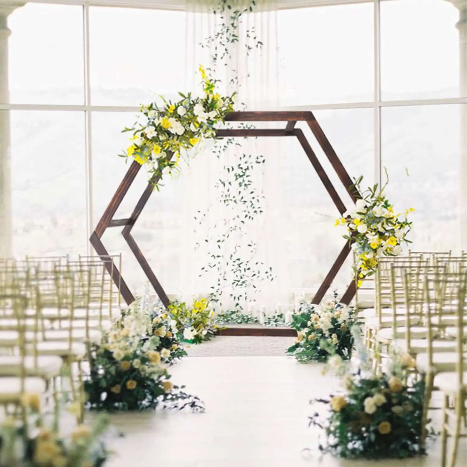 Boho Rustic Heavy-Duty Dual Wooden Hexagon Frame Wedding Arch Backdrop - Geometric Modular Frame Festive Backdrops & Banners, 7ftx8.5ft Ceremony Canopy Stand, Single Set for Indoor Home & Party Supplies