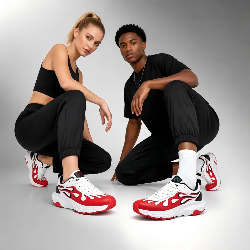 Men's Flame Print Chunky Sneakers, Breathable Lace-up Footwear with Shock Absorption for Gym Sessions and Casual Outfits, Lightweight, Footwear Fashion, Streetwear, Support, Smooth, Easy-To-Clean, Travel, Weekend Adventures