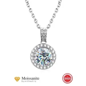 S925 Sterling Silver Synthetic Moissanite Necklace for Women, Fashion Round Pendant Necklace for Party, Daily Decor, Trendy All-match & Exquisite Jewelry for Birthday Gift