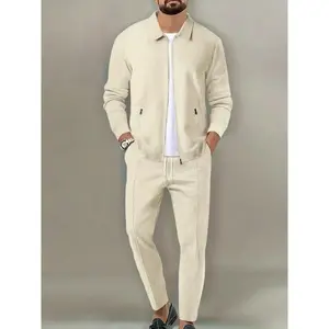 Men's 2-Piece Plain Zip-Up Jacket & Drawstring-Waist Pants Tracksuit Set, Men's Sportswear for Gym, Workout and Running, Activewear Set