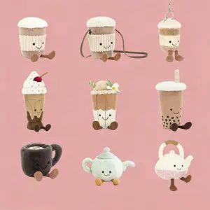 Cute Coffee Cup Toast Themed Plush Toys Soft Fluffy Smiley Afternoon Tea Stuffed Dolls Bag Pendants Surprise Gift Collectible