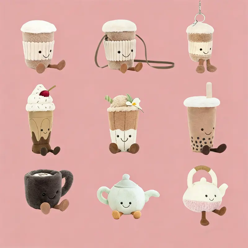 Cute Coffee Cup Toast Themed Plush Toys Soft Fluffy Smiley Afternoon Tea Stuffed Dolls Bag Pendants Surprise Gift Collectible