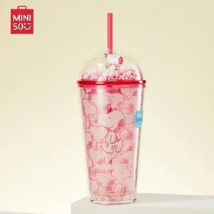 Miniso Snoopy Series Double-Layer Plastic Straw Cup with Bubble Lid, Cute for Men and Women, 600mL