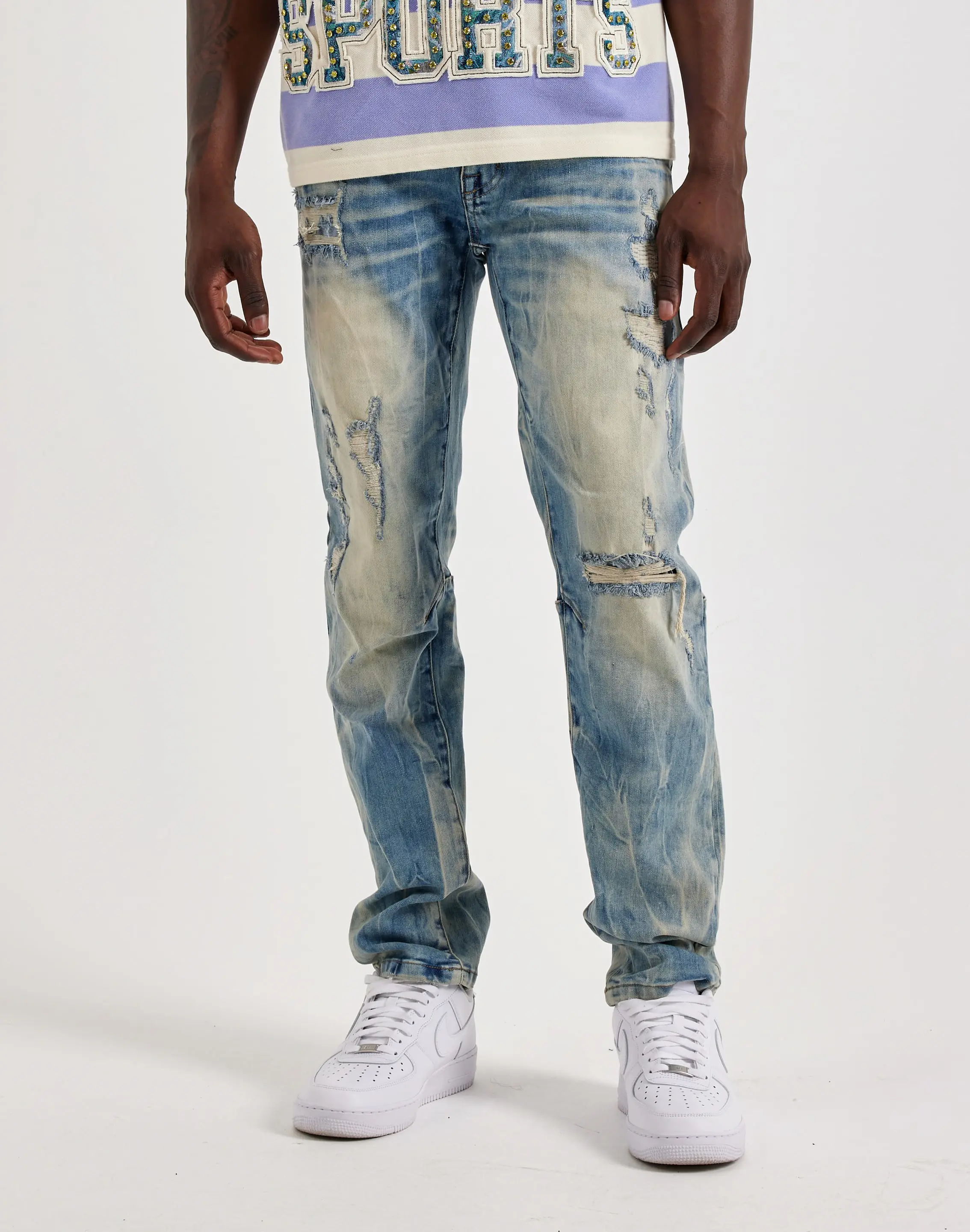 Mens Smoke Rise Vintage Slim Knicking Distressed Denim Jeans