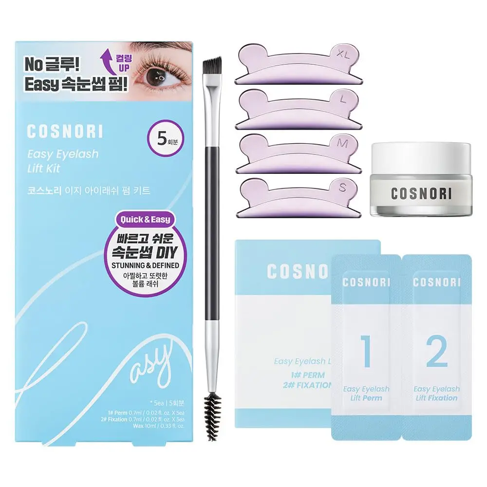 [COSNORI] Easy Eyelash Lift Kit 5 Uses No Glue Korean Lash Perm Kit with Self Adhesive Rods for Beginners 4 Sizes S M L XL Cosmetic