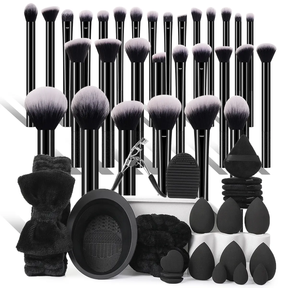 54 Piece Cosmetic Makeup Tools Set, Includes 30 Makeup Brushes, 6 Sponge Puffs, Mini Sponges, Triangle Powder Puffs, Hair Band, Hand Bowl Straps, Makeup Brush Kit