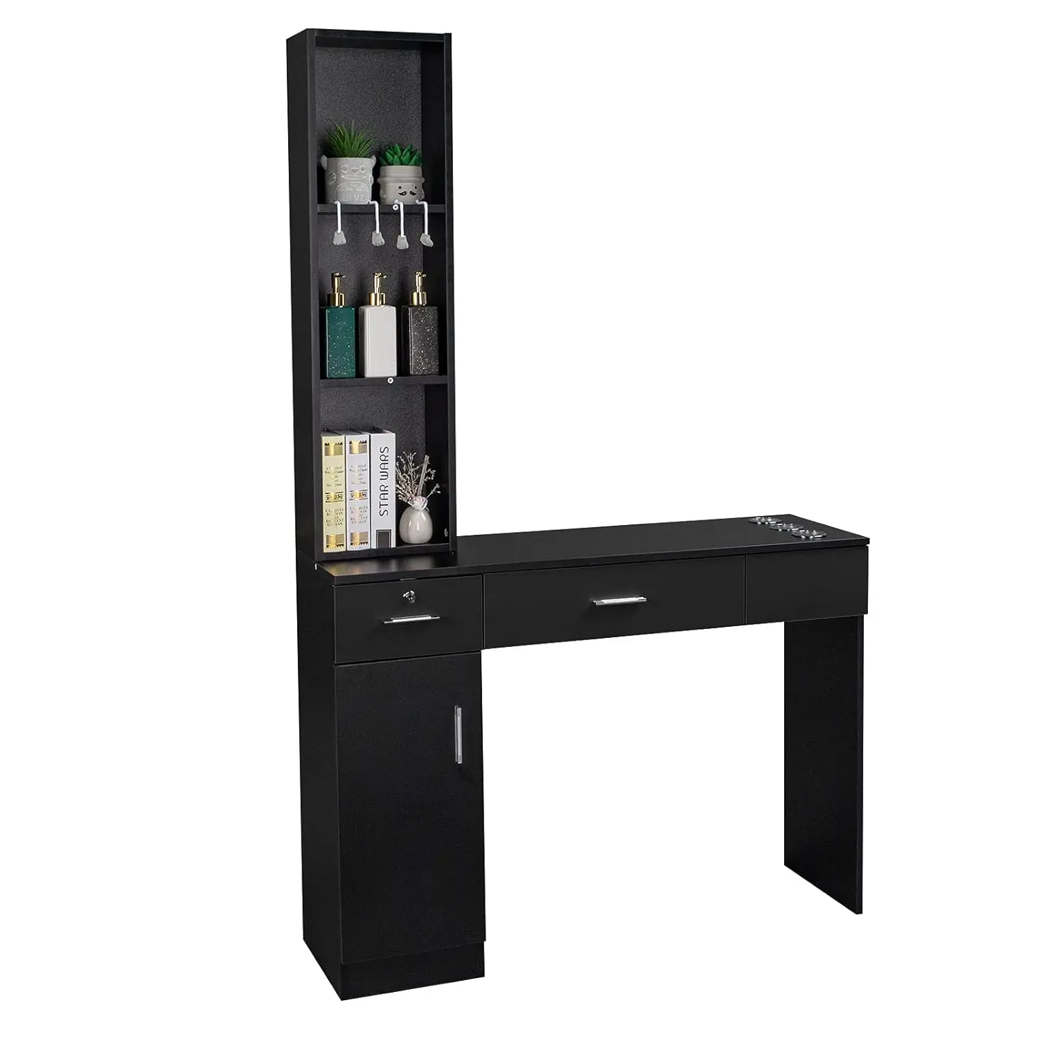 Salon Stations for Hair Stylist, Locking Barber Station Organizer, Wall Mount Hair Styling Equipment with 2 Drawers, 1 Storage Cabinet, 3 Open Shelves, for Beauty Spa Bedroom Hairdresser, Black