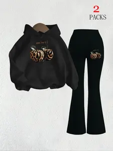 Women's Leopard Print Apple Pattern Warm Sweatshirt + Slim Comfortable Flare Pants Set, Casual Fall Winter Fashion