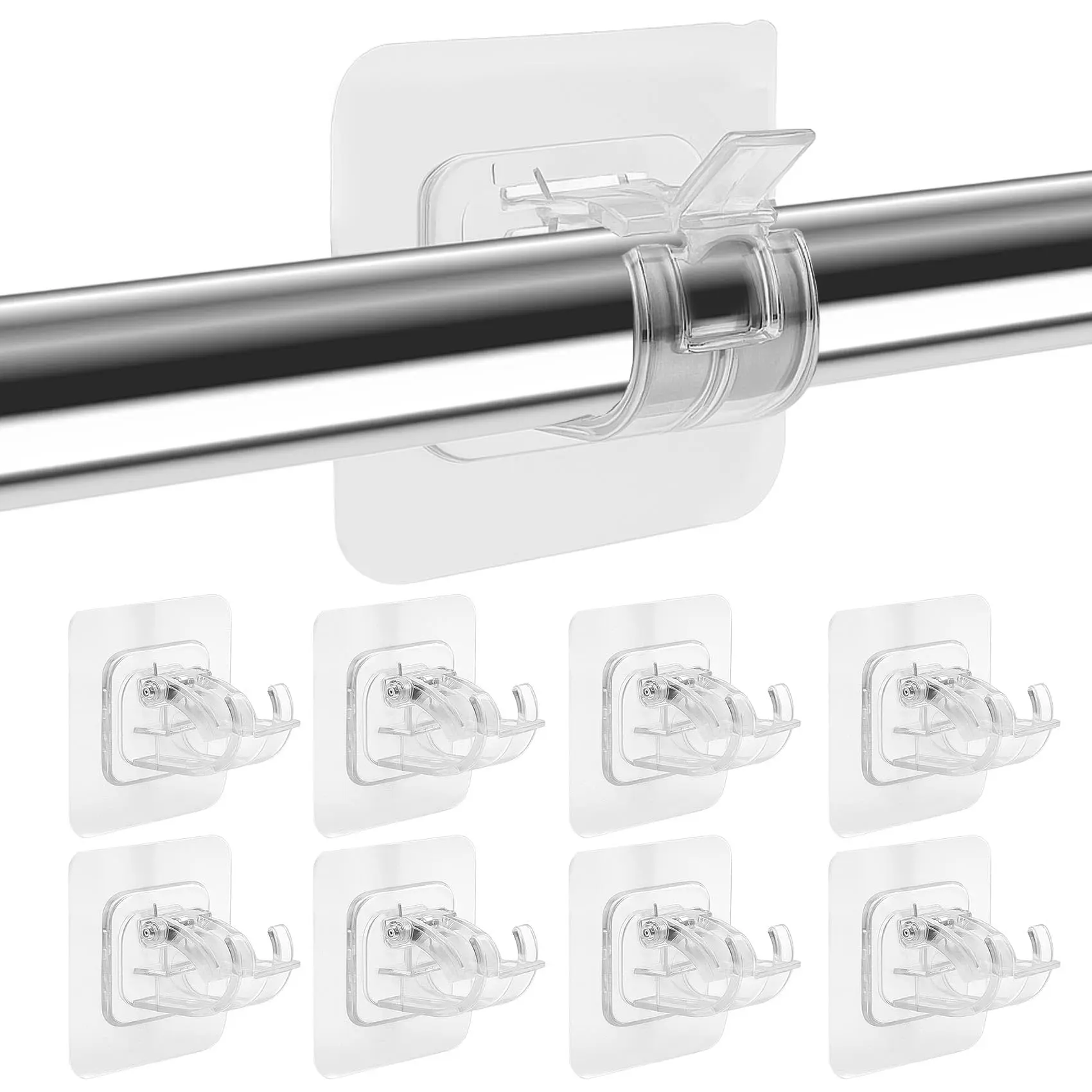 Curtain Rod Brackets No Drilling 8 Pack, Self Adhesive Hooks, Black | Nail Free Adjustable 8 PCS Drapery & Towel Holder Fixing Hooks for Home, Bathroom, Kitchen, Shower Rods & Hotel Use