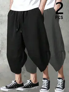 Trendy 2 Pcs Men's Drop Crotch Harem Cropped Pants, Elastic Waist Drawstring Baggy 3/4 Length Streetwear Trousers, Loose Fit Casual Pants for Summer Daily & Skate Style Outfits #MensStreetwearPants #HaremStyle #BaggyFit