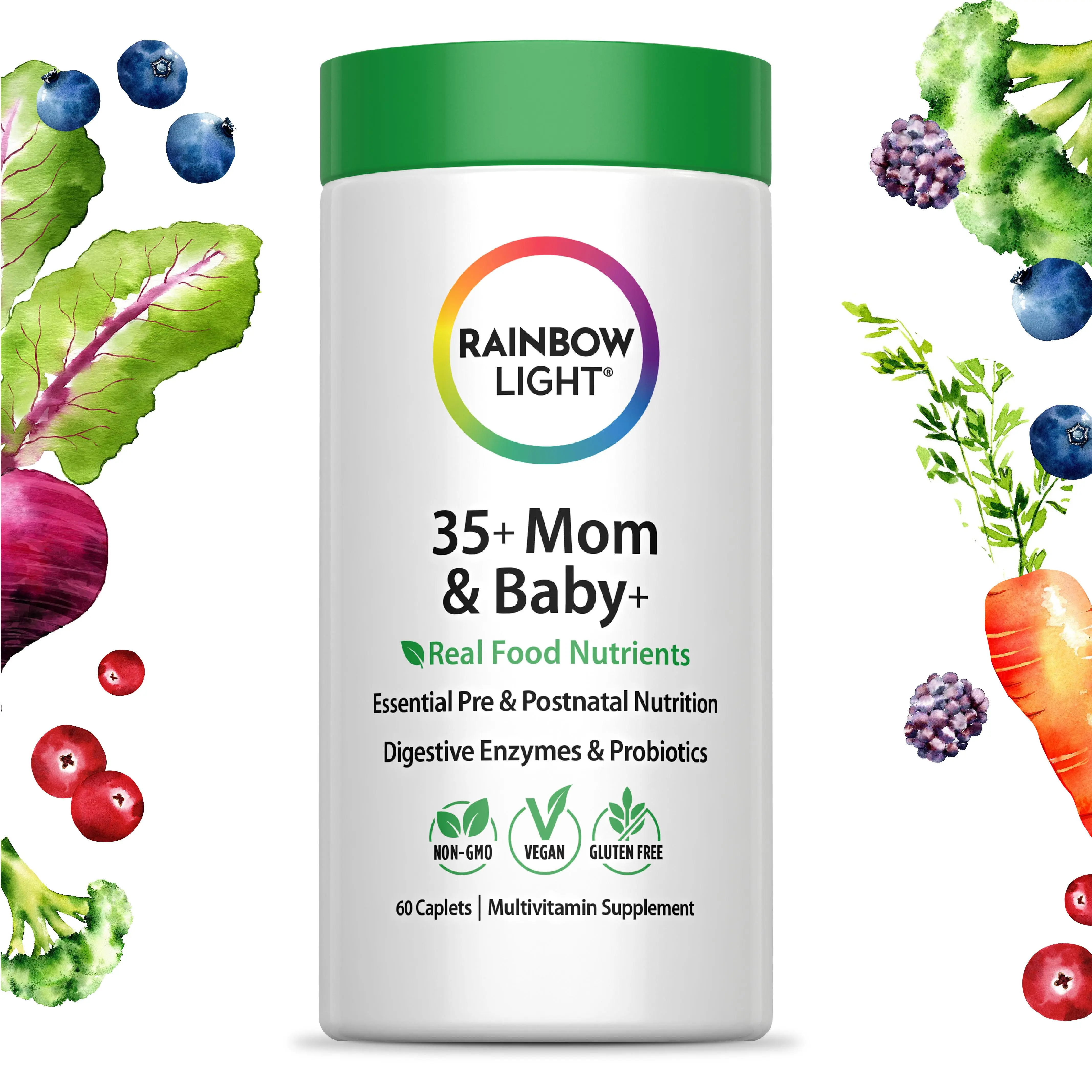 Rainbow Light 35+ Mom and Baby Multivitamin - Real Food Nutrients - Essential Pre & Postnatal Nutrition - Prenatal Botanical & Probiotic Blend - With Folate and Iron - 60 Vegan Caplets - Multivitamin Supplement