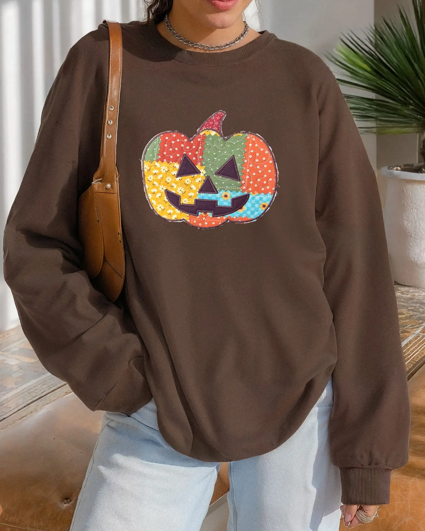 Brown Halloween Pumpkin Sweatshirt – Quilted Patchwork Jack-o’-Lantern backtoschoolshopping