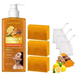 Turmeric Vitamin C Scrub Shower Gel  & Lemon Turmeric Soap Set Moisturizing Body Wash for Soft Radiant Skin with Natural Ingredients for Moisturizing and Hydrating