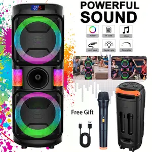 Portable Wireless Bluetooth Speaker with Wireless Mic | Dual 8-inch Subwoofers, 2400mAh Battery, RGB Lights, Type-C Charging | Supports USB/FM/TF, 5.0-Channel Sound