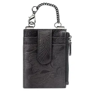 Sidekick Leather Boot Wallet Black Embossed RFID Protected with Security Chain for Safe Personal Belongings