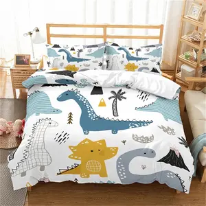 Cute Dinosaur Duvet Cover Bedding Set for Kids' Bedrooms, Includes 1 Fitted Sheet and 2 Pillowcases, Perfect for Playful Prehistoric Themed Rooms