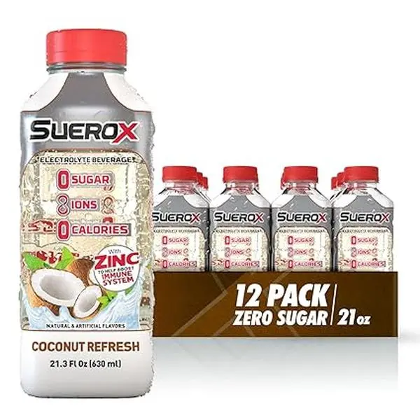 SueroX Zero Sugar, Coconut Refresh, 12 Pack, Electrolyte Drink for Hydration and Recovery, Unique Blend of Electrolytes & 8 Ions, Zero Calorie, Refreshing Beverage, Sports Drink, 21.3 Fl Oz,  - 12-pack Coconut