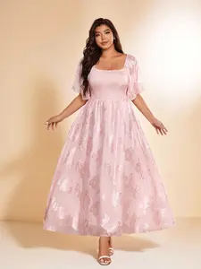 Elegant Square Neck Long Dress for Women, Aesthetic Floral Embroidery Design, Perfect for Light Dating & Vacation, Versatile Multi-Scene Wear