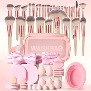 64PCS Makeup Kit: 1 Waterproof Multi-Function Zipper Cosmetic Bag + 32 Brushes + 5 Mini Sponges + 5 Sponges + 5 Triangle Puffs + 10 Mini Air Cushion Puffs + 2 Cleansing Sponges + 1 Hairband + 2 Waterproof Hand Straps + 1 Brush Cleaner