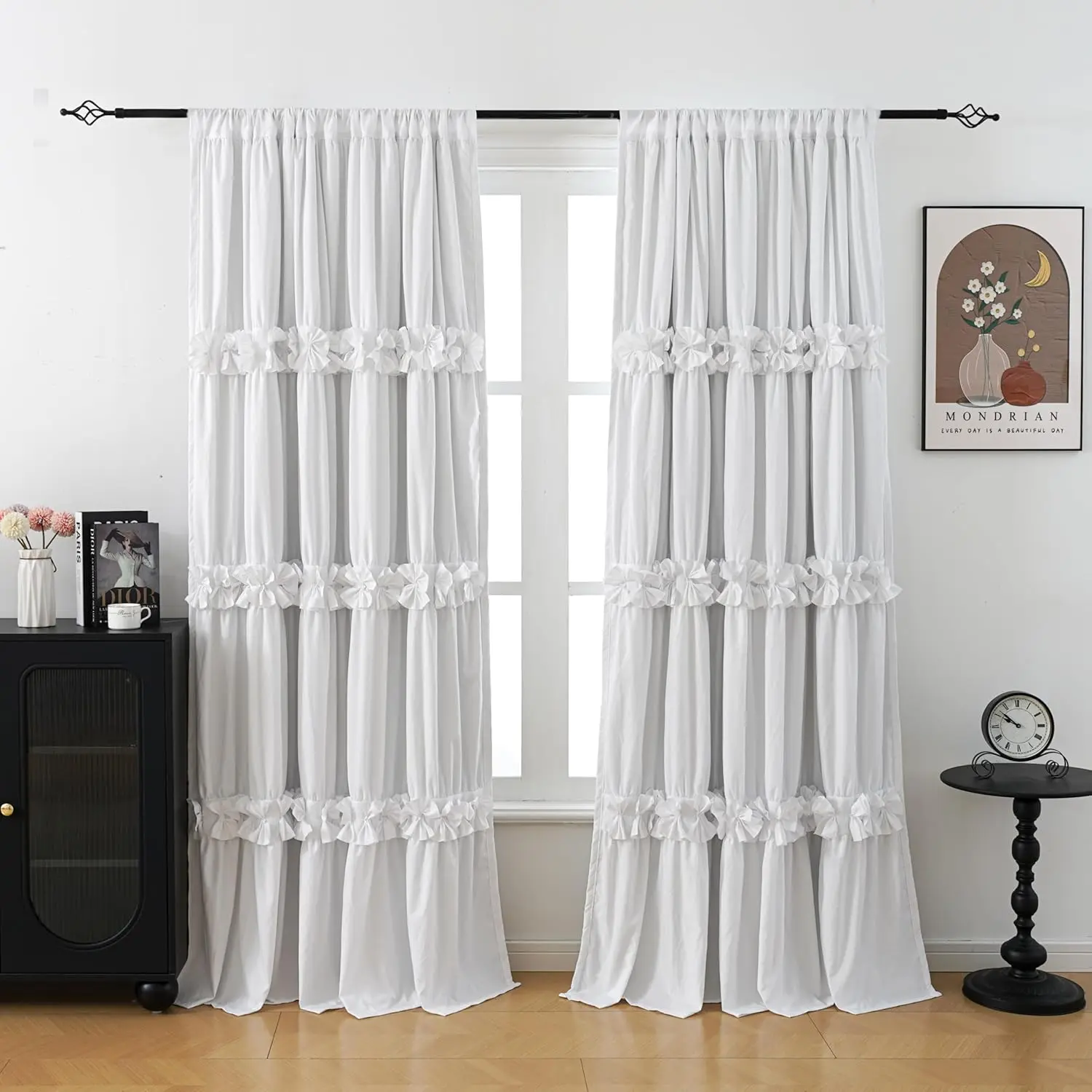 Thermal Insulated Blackout Window Curtains, Boho Ruffle Window Treatments with 3 Rows of Butterfly , Rustic Rod Pocket Drapes, 2 Panels (White, 52" W x 84" L)