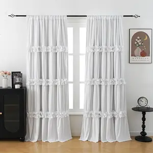 Thermal Insulated Blackout Window Curtains, Boho Ruffle Window Treatments with 3 Rows of Butterfly , Rustic Rod Pocket Drapes, 2 Panels (White, 52" W x 84" L)