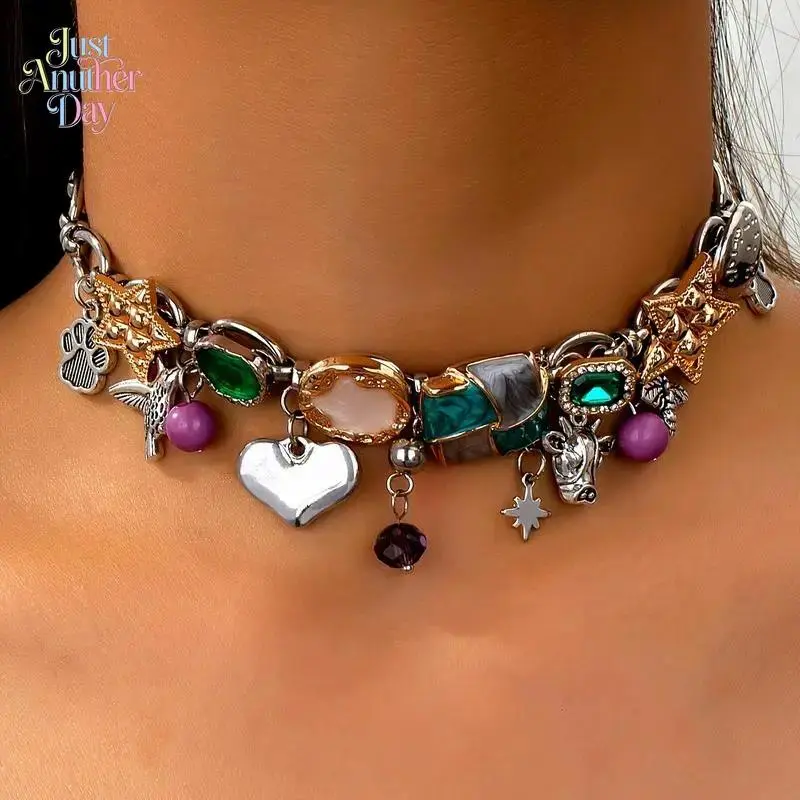 Bohemian Charm Necklaces for Women - Bull Head & Bee Pendant, Vintage Hand-Painted Enamel Charms, Gold Hardware Chain, Stacked Link Unique Craft Jewelry, Stylish Accessories for Valentine's Day & Casual Music Festival