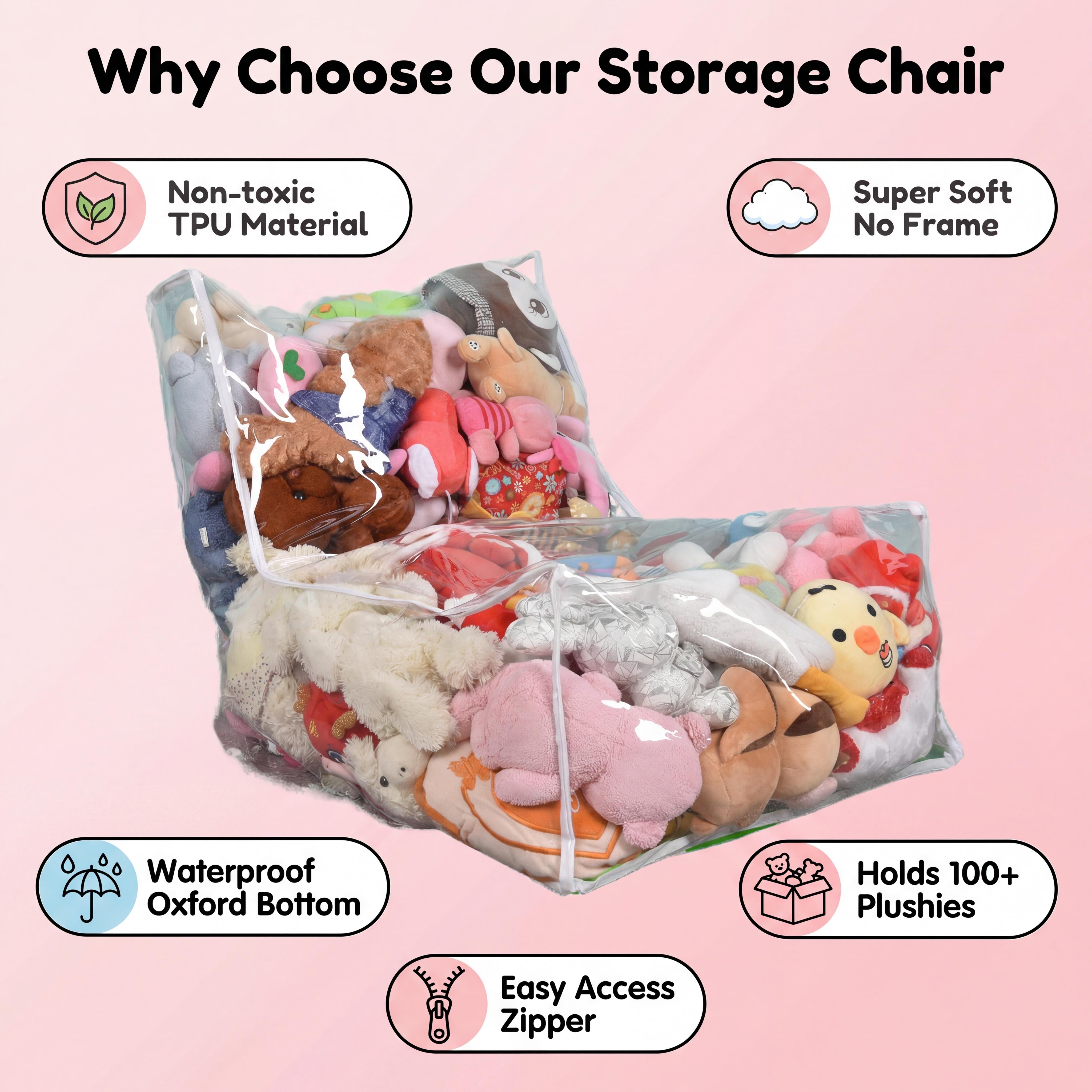 Clear Kids Recliner Sofa, Convertible Lounge Chair for Boys and Girls, See-Through TPU Shell & Waterproof Oxford Cloth, Stuffed  Storage Chair (Shell Only, Toys Not Included)