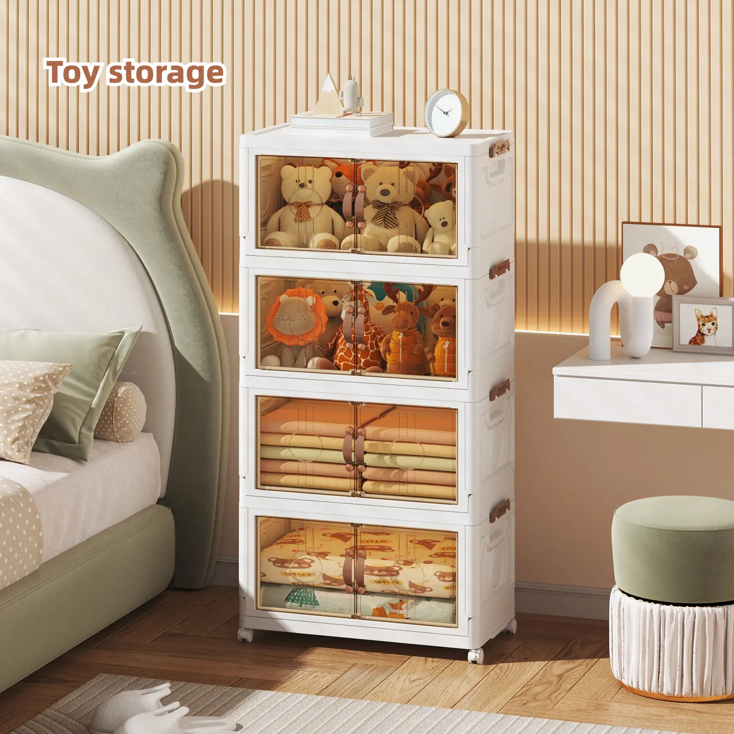 48QT Plastic Folding Storage Cabinet with Locking Doors Wheels Collapsible Freestanding Organizer for Home Pantry RV Easy Assembly Capacity Shelving Unit