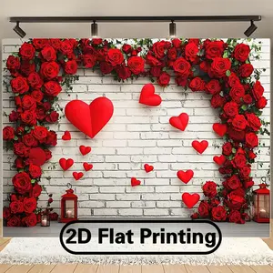 1pc 2D Flat Romantic Valentine'S Day & Mother'S Day Party Banner Polyester Photography Backdrop with Red Roses Heart Balloons & LOVE Sign Perfect for Indoor/Outdoor Celebrations Home Decor Studio Props & Holiday Wedding