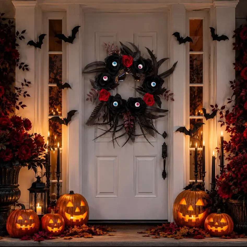 Gothic Halloween Black Rose Wreath with Creepy Eyeballs & Red Roses, Spooky Front Door Hanging Garland Decoration for Indoor Outdoor Home Party Wall Decor Gothic Black Rose Eyeball Wreath, Halloween Front Door Decor, Spooky Haunted House Ornament