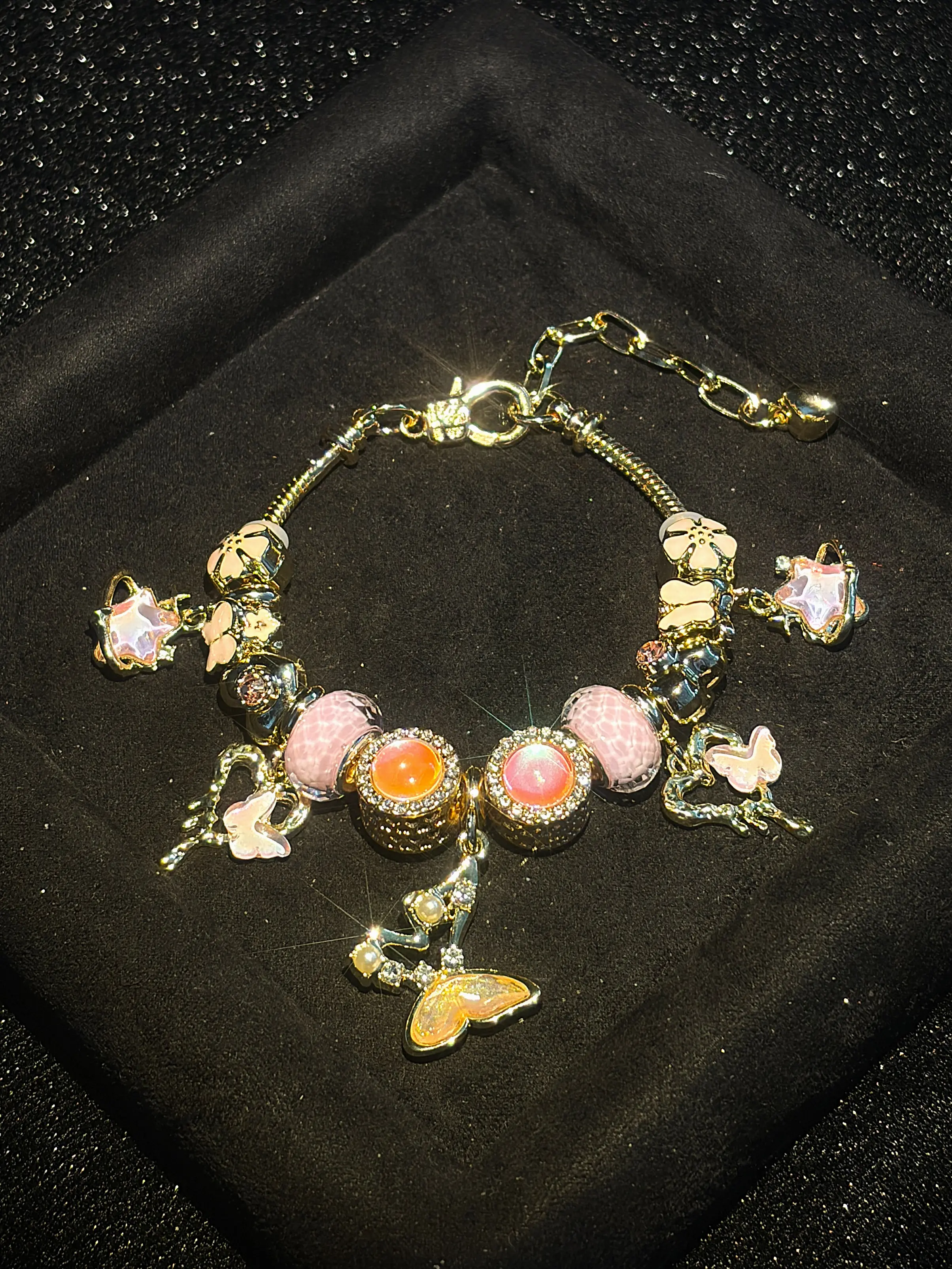 Gold Tone Snake Chain Charm Bracelet - Rhinestone-Inlaid Heart, Butterfly, Star, Flower Dangle Charms - Fashion Multi-Element Beaded Jewelry Gift for Women