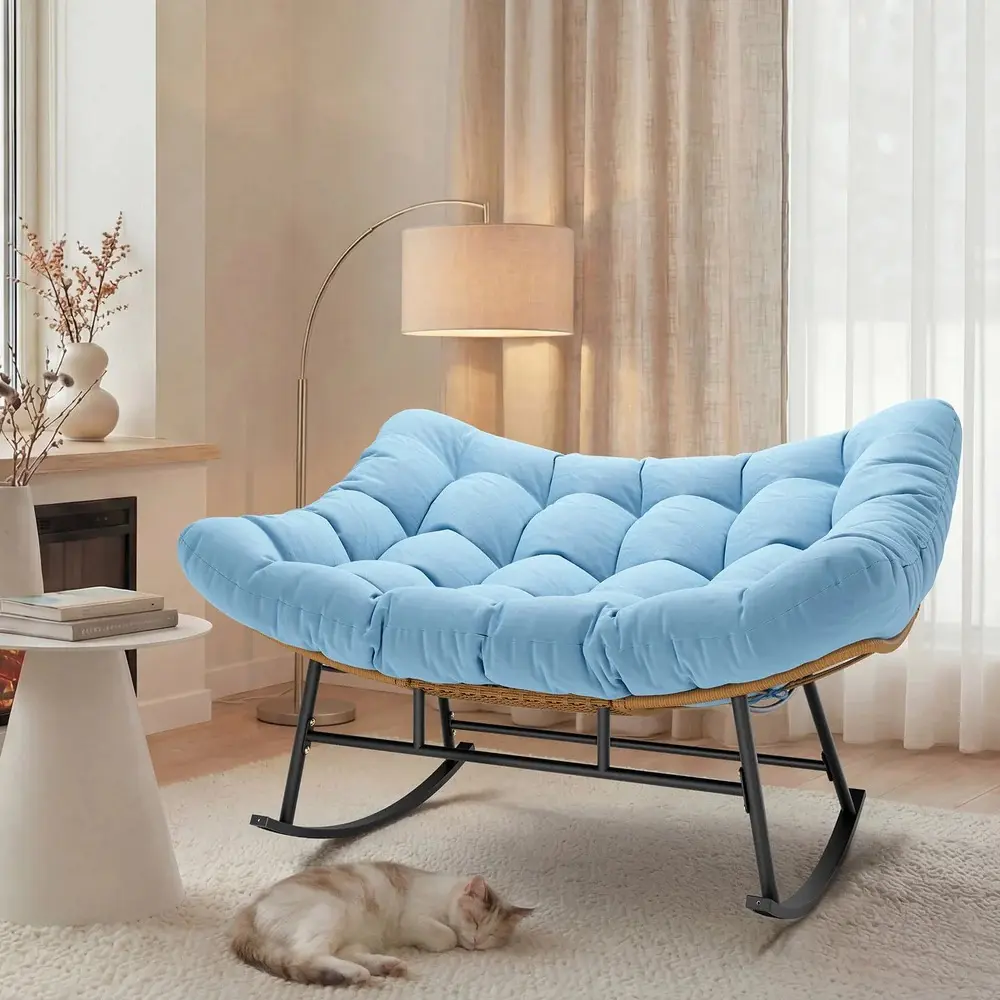 Sikaic Double Outdoor Rattan Rocking Chair with Thick Cushion, Sky Blue Oversized Patio Papasan Rocker Chair for Balcony and Backyard