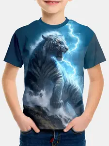 Summer Fashion Boys' Printed T-Shirt, Bold Tiger Pattern, Casual Slim Fit, Perfect for Daily & Outdoor Activities, Ideal Gift for Kids