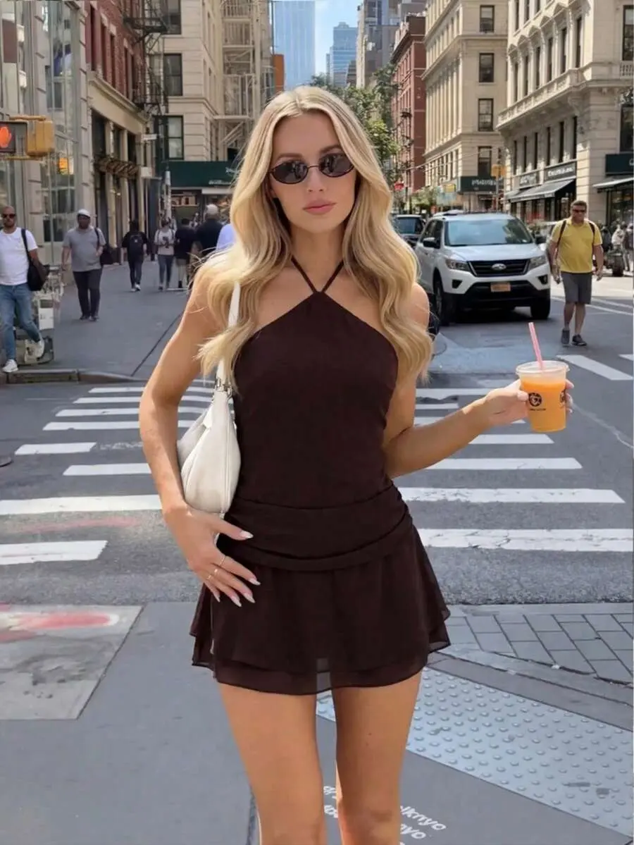 Summer Chic Halter Romper Dress | Elegant Double-Layer Tiered Mini Dress with Built-In Shorts & Ruched Waist for Women Vacation, Date & Outing