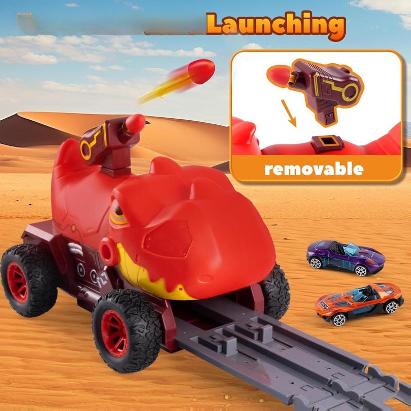 Dinosaur Truck Toys for 2 3 4 5 Year Old Boy with 6 Die-Cast Metal Toy Cars, Gifts for 2 3 4 5 Year Old Boys, Foldable Track & Missile Launcher, Birthday Gift Idea for Toys for Ages 2-4