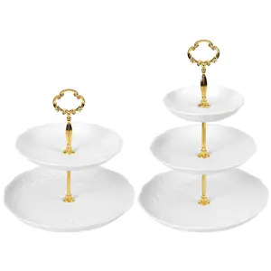 2 Set Porcelain Cupcake Stand,3 Tier Serving Tray & 2 Tiered Tray Stand, Round White Embossed Dessert Table Display Set  Elegant Dessert Cake Stand - Pastry Serving Stand  For Weddings Birthday And Afternoon Tea Party  Home Decorating