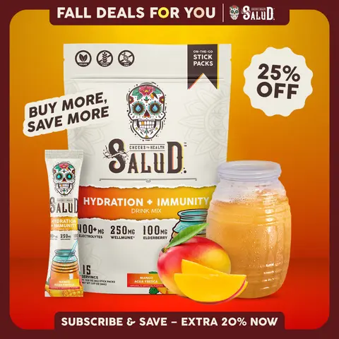 Salud 2-in-1 [Hydration + Immunity - Mango] Electrolytes Powder, Agua Fresca Drink Mix, Elderberry, Dairy & Soy Free, Non-GMO, Gluten Free, Vegan, Low Calorie, 1g Sugar (15 Servings)